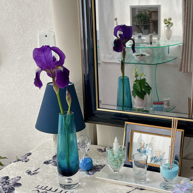 インテリア仏壇「鏡壇ミラリエ」「鏡壇ミロワ」に今日（6/1）の誕生花の「シラー・ペルビアナ（大蔓穂）」 を飾ってみました。