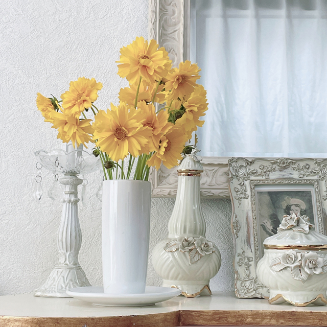 インテリア仏壇「鏡壇ミラリエ」「鏡壇ミロワ」に今日（7/26）の誕生花の「コレオプシス（ハルシャギク／波斯菊）」 を飾ってみました。